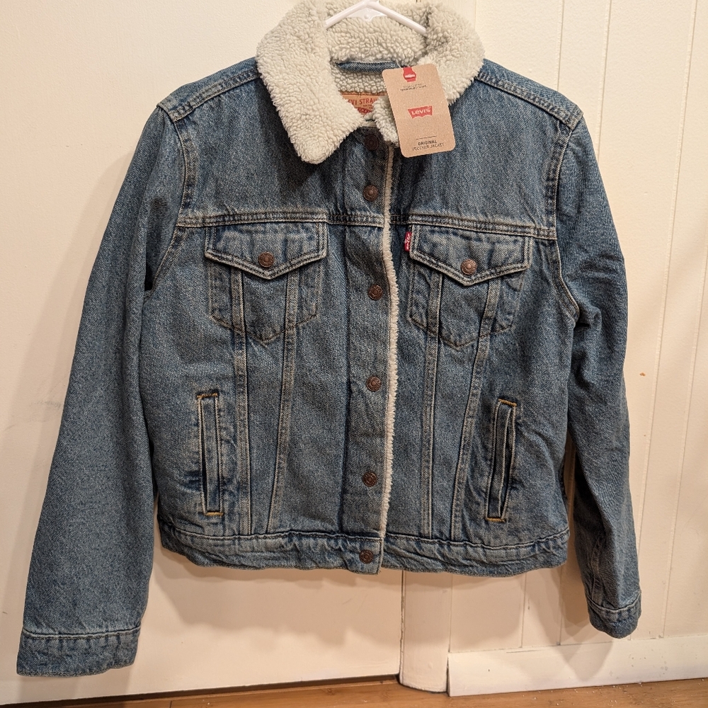 Levi's Original Sherpa Trucker Denim Jacket Women's Size LG - Divided Blue - NWT